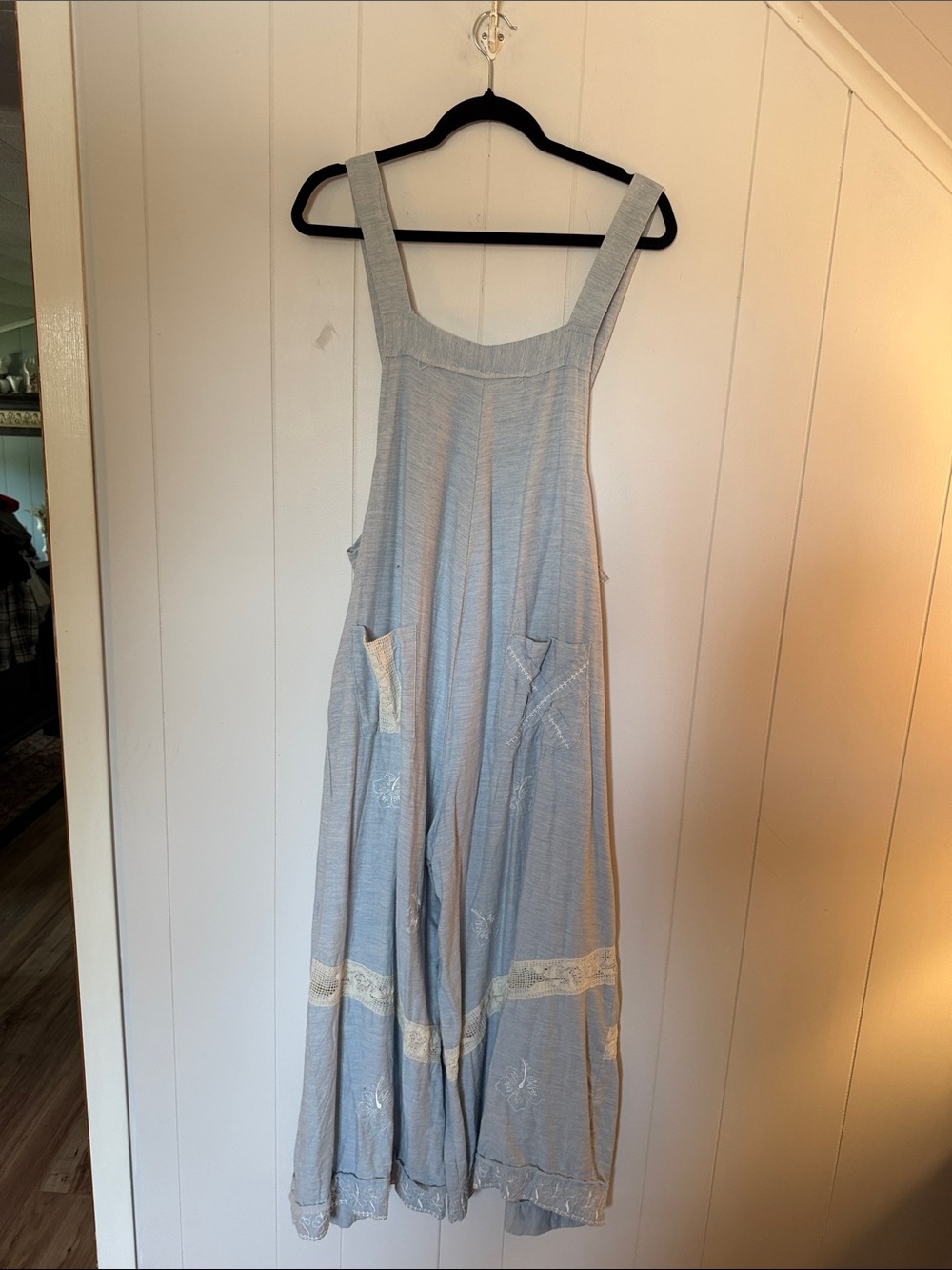POL Boho Wide-Leg Overalls in Light Blue with Crochet Detailing - Picture 9 of 16